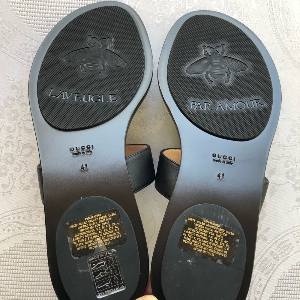 Gucci Lifford Black Leather Golden GG Thong Sandals Women’s Size 41 US- 10.5 - Picture 3 of 11